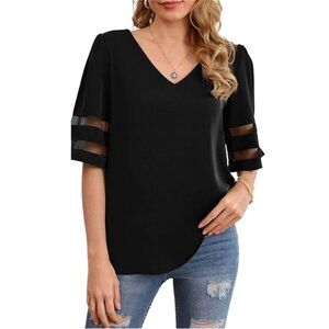 JOUICA Women’s Black Short Semi-sheer Sleeves Blouse